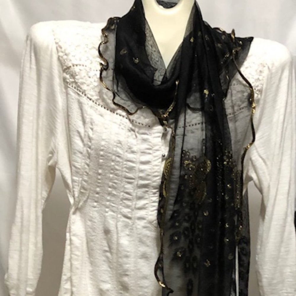 Gold Trim Black Peacock Scarf